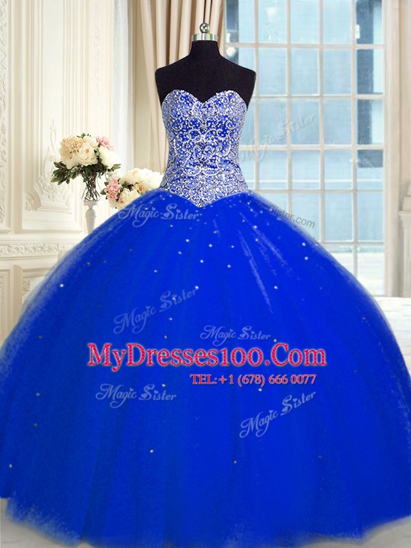 Sequins Sweetheart Sleeveless Backless Quince Ball Gowns Royal Blue Tulle