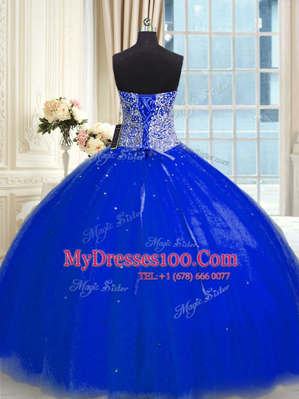 Sequins Sweetheart Sleeveless Backless Quince Ball Gowns Royal Blue Tulle