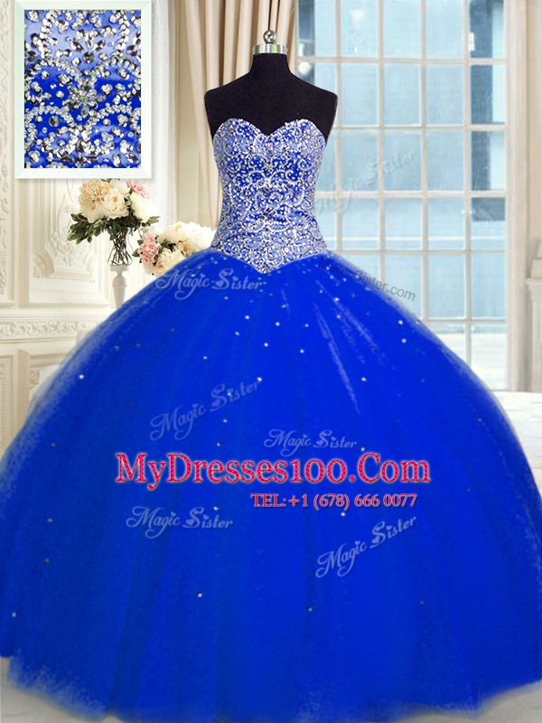 Sequins Sweetheart Sleeveless Backless Quince Ball Gowns Royal Blue Tulle