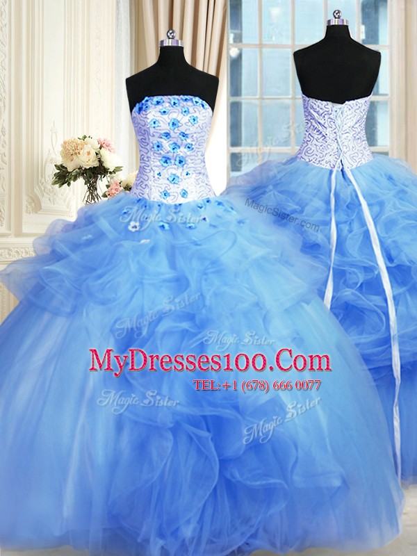 Pick Ups Blue Sleeveless Tulle Lace Up Quinceanera Dresses for Military Ball and Sweet 16 and Quinceanera