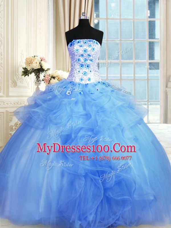 Pick Ups Blue Sleeveless Tulle Lace Up Quinceanera Dresses for Military Ball and Sweet 16 and Quinceanera