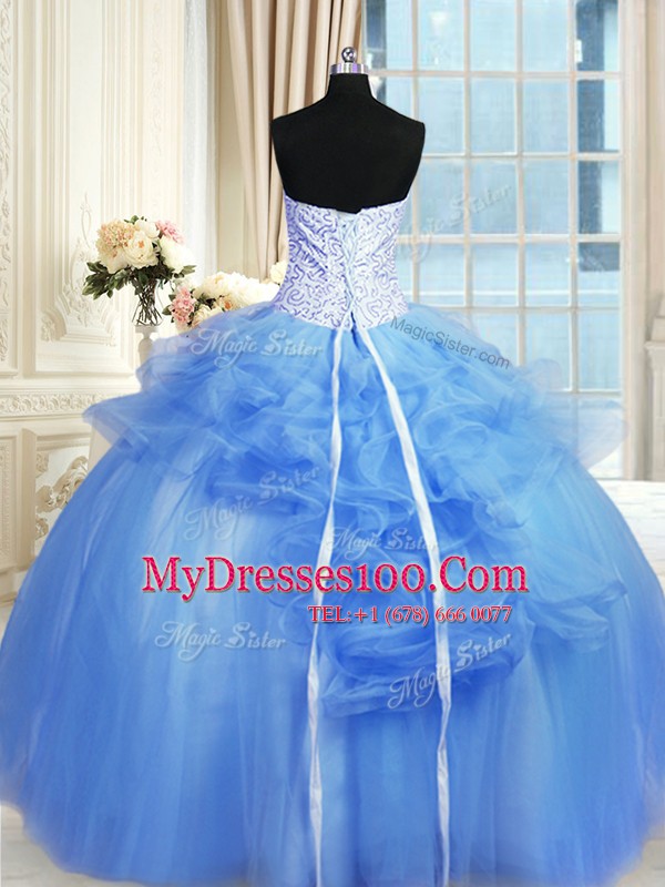 Pick Ups Blue Sleeveless Tulle Lace Up Quinceanera Dresses for Military Ball and Sweet 16 and Quinceanera