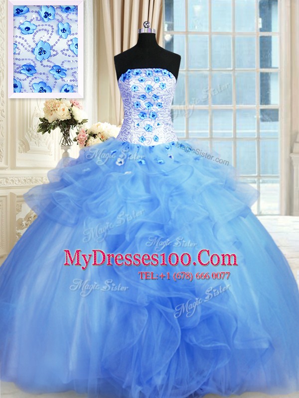 Pick Ups Blue Sleeveless Tulle Lace Up Quinceanera Dresses for Military Ball and Sweet 16 and Quinceanera