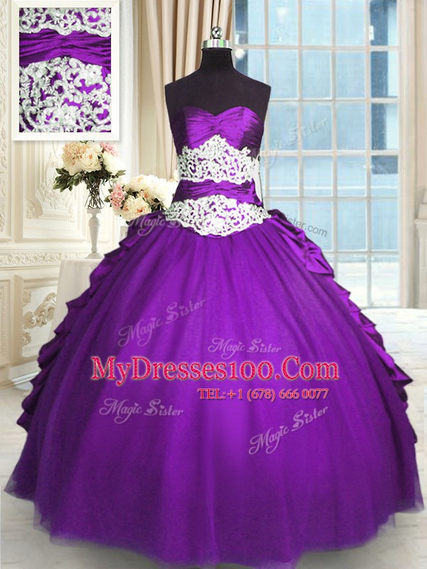 Purple Sweetheart Lace Up Beading and Lace and Ruching and Pick Ups Quince Ball Gowns Sleeveless