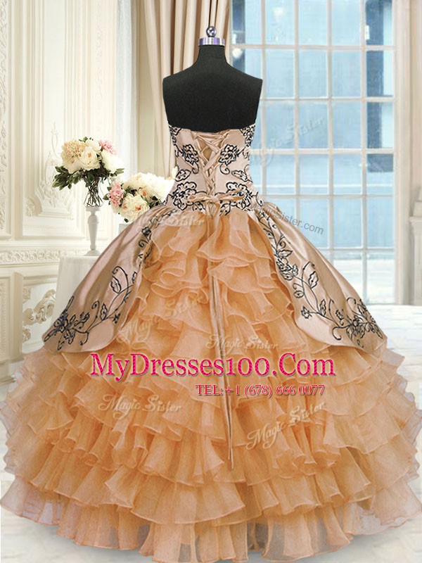 Custom Design Orange Lace Up Sweet 16 Quinceanera Dress Beading and Embroidery and Ruffles Sleeveless Floor Length