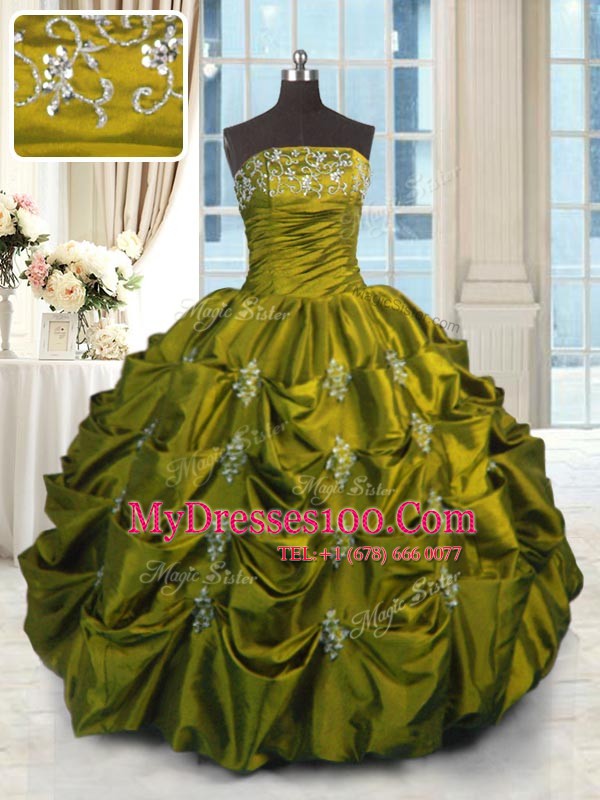 Pretty Strapless Sleeveless Taffeta Quinceanera Dress Beading and Appliques and Embroidery and Pick Ups Lace Up