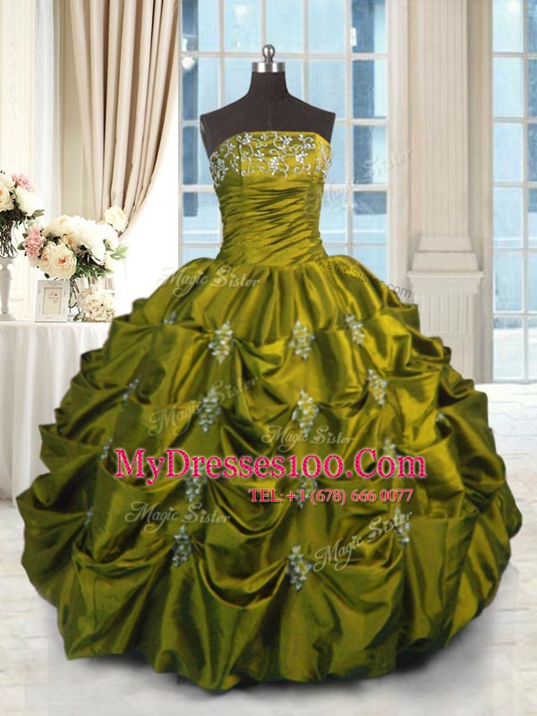 Pretty Strapless Sleeveless Taffeta Quinceanera Dress Beading and Appliques and Embroidery and Pick Ups Lace Up