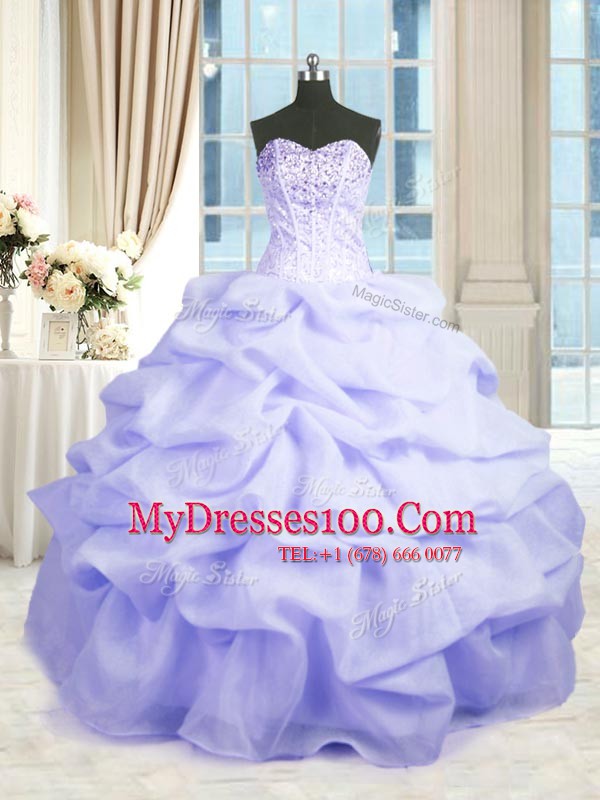 Lavender Lace Up Quinceanera Dresses Beading and Ruffles Sleeveless Floor Length