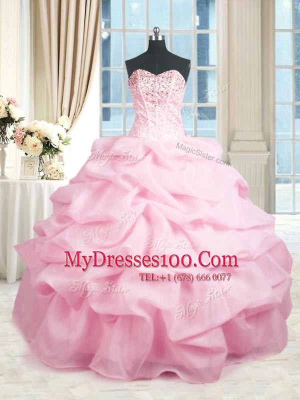 Gorgeous Pink Organza Lace Up Sweetheart Sleeveless Floor Length Sweet 16 Dresses Beading and Ruffles