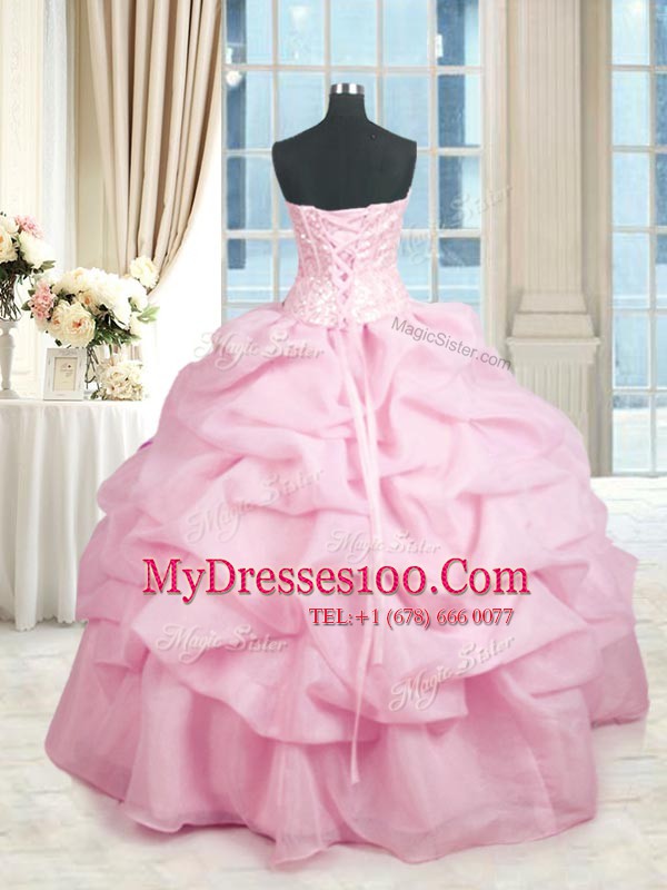 Gorgeous Pink Organza Lace Up Sweetheart Sleeveless Floor Length Sweet 16 Dresses Beading and Ruffles