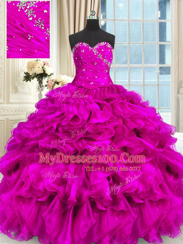 Fuchsia Lace Up Sweetheart Beading and Ruffles Ball Gown Prom Dress Organza Sleeveless