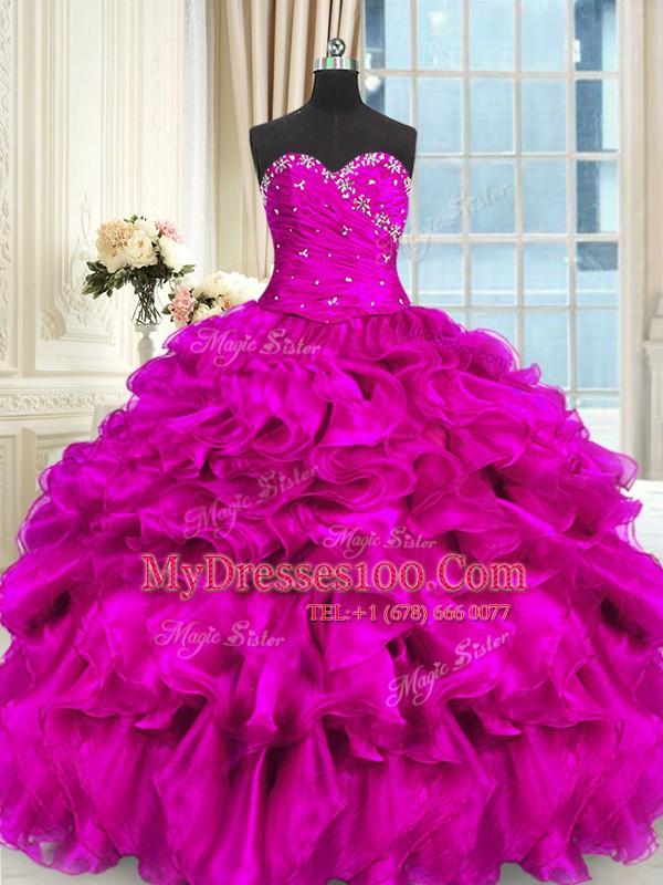 Fuchsia Lace Up Sweetheart Beading and Ruffles Ball Gown Prom Dress Organza Sleeveless