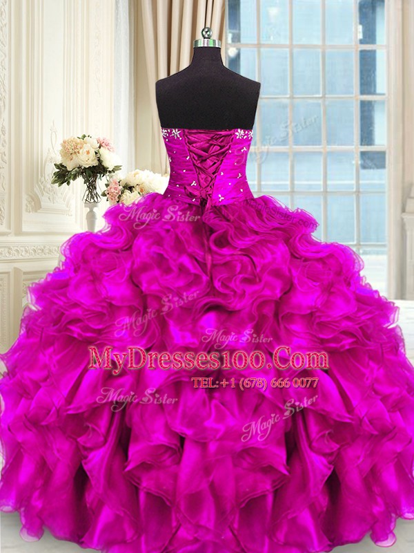 Fuchsia Lace Up Sweetheart Beading and Ruffles Ball Gown Prom Dress Organza Sleeveless
