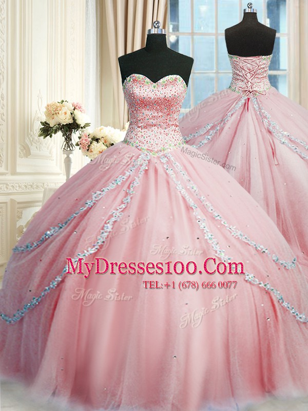 Tulle Sleeveless With Train Quinceanera Dress Court Train and Beading and Appliques