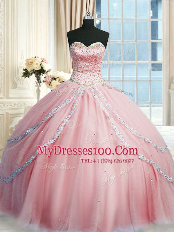 Tulle Sleeveless With Train Quinceanera Dress Court Train and Beading and Appliques