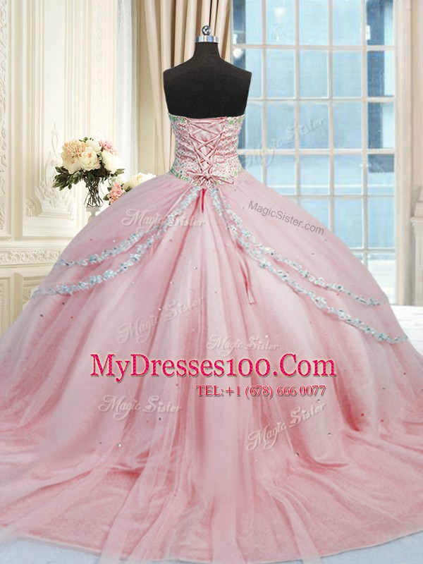 Tulle Sleeveless With Train Quinceanera Dress Court Train and Beading and Appliques