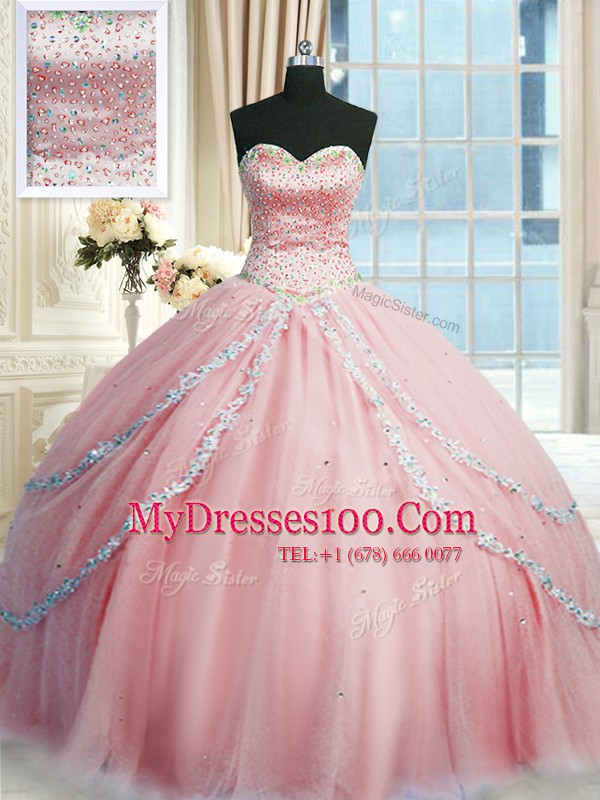 Tulle Sleeveless With Train Quinceanera Dress Court Train and Beading and Appliques