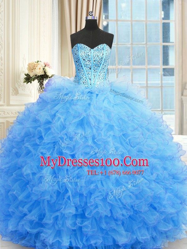 Inexpensive Baby Blue Ball Gowns Sweetheart Sleeveless Tulle Floor Length Lace Up Beading and Ruffles Quinceanera Dresses