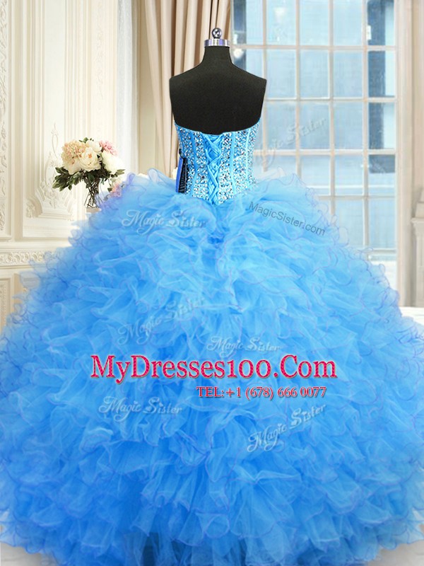 Inexpensive Baby Blue Ball Gowns Sweetheart Sleeveless Tulle Floor Length Lace Up Beading and Ruffles Quinceanera Dresses