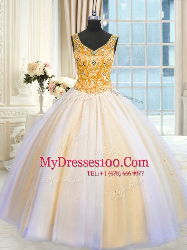 Perfect Floor Length Multi-color 15 Quinceanera Dress Tulle Sleeveless Beading and Sequins
