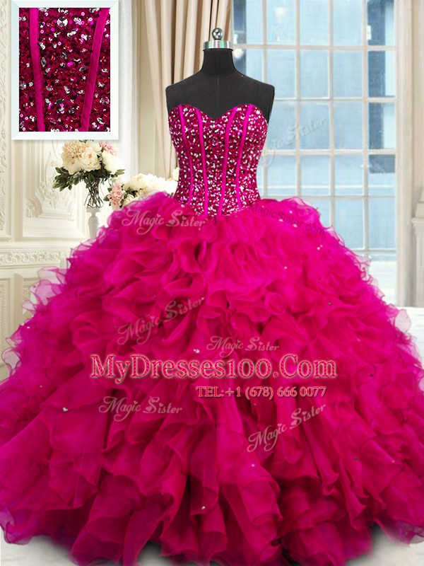 Free and Easy Sequins Floor Length Fuchsia Quince Ball Gowns Sweetheart Sleeveless Lace Up