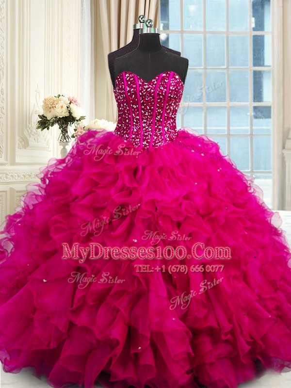 Free and Easy Sequins Floor Length Fuchsia Quince Ball Gowns Sweetheart Sleeveless Lace Up