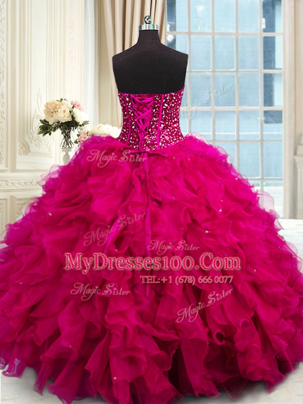 Free and Easy Sequins Floor Length Fuchsia Quince Ball Gowns Sweetheart Sleeveless Lace Up