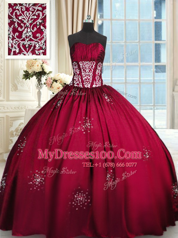 Exceptional Taffeta Strapless Sleeveless Lace Up Beading and Appliques and Ruching 15 Quinceanera Dress in Wine Red