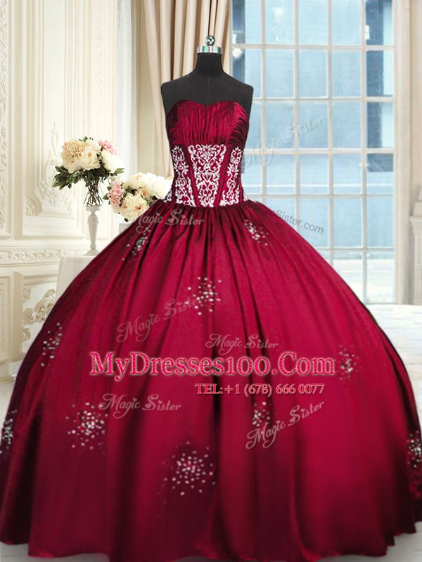 Exceptional Taffeta Strapless Sleeveless Lace Up Beading and Appliques and Ruching 15 Quinceanera Dress in Wine Red