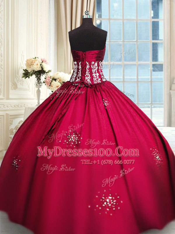 Exceptional Taffeta Strapless Sleeveless Lace Up Beading and Appliques and Ruching 15 Quinceanera Dress in Wine Red