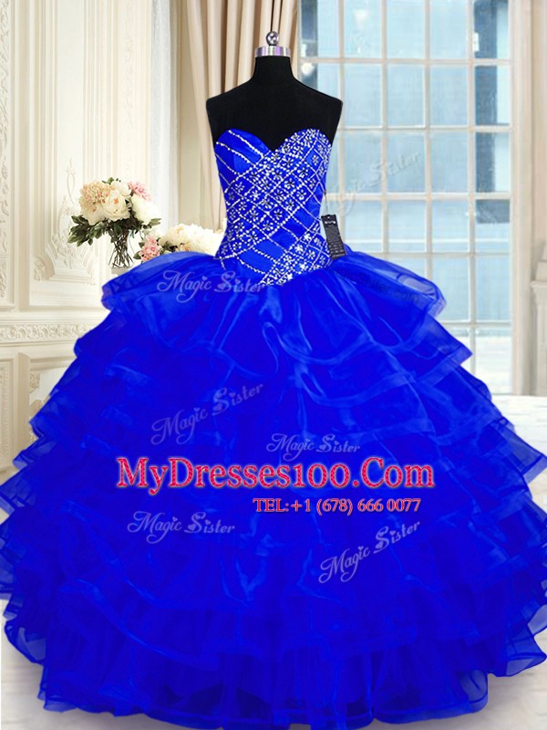 Sweetheart Sleeveless Organza Quinceanera Dress Beading and Ruffled Layers Lace Up