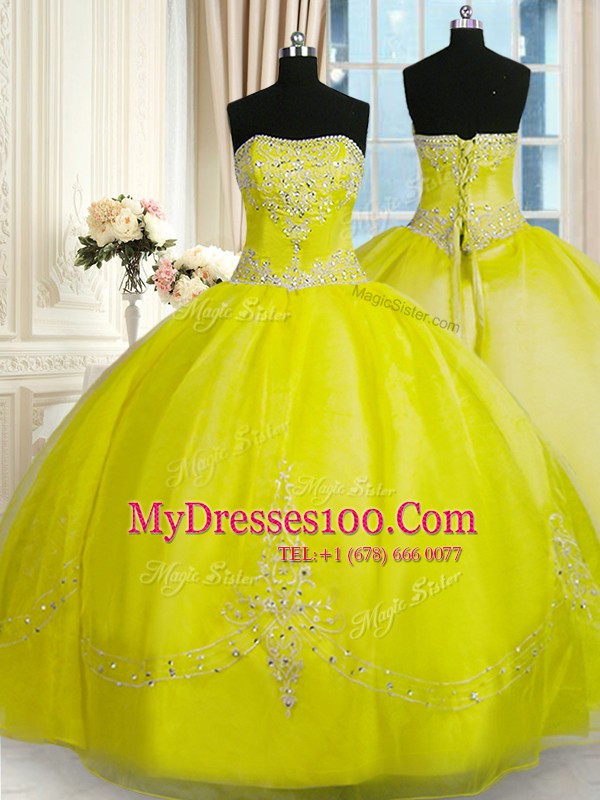 Free and Easy Sleeveless Floor Length Beading and Embroidery Lace Up Quinceanera Gown with Yellow Green