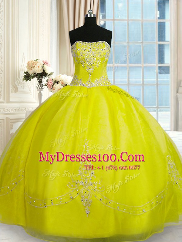 Free and Easy Sleeveless Floor Length Beading and Embroidery Lace Up Quinceanera Gown with Yellow Green