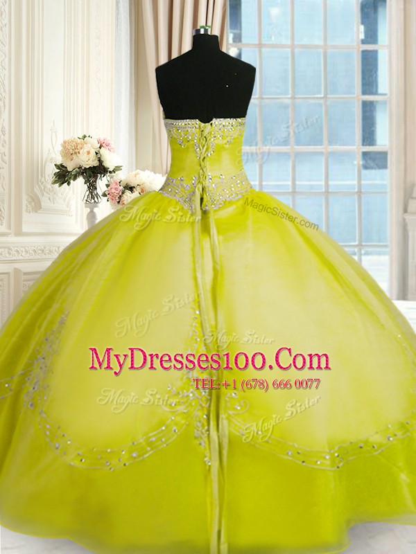 Free and Easy Sleeveless Floor Length Beading and Embroidery Lace Up Quinceanera Gown with Yellow Green