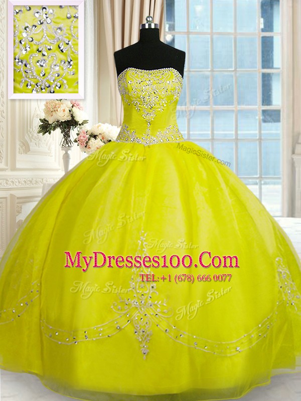 Free and Easy Sleeveless Floor Length Beading and Embroidery Lace Up Quinceanera Gown with Yellow Green