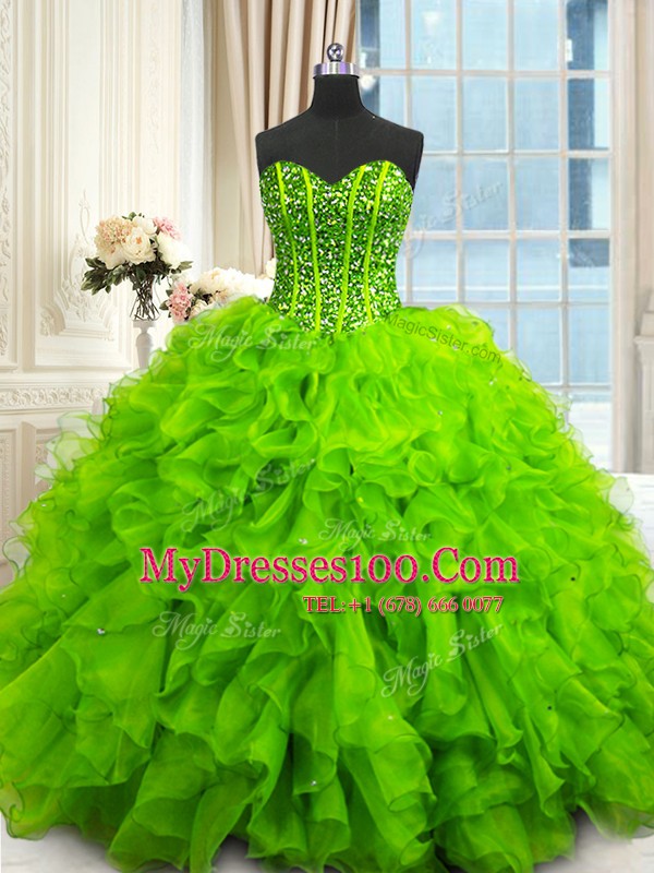 Fancy Organza Lace Up Sweetheart Sleeveless Floor Length Quinceanera Gown Beading and Ruffles and Sequins
