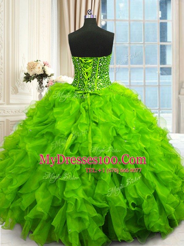 Fancy Organza Lace Up Sweetheart Sleeveless Floor Length Quinceanera Gown Beading and Ruffles and Sequins