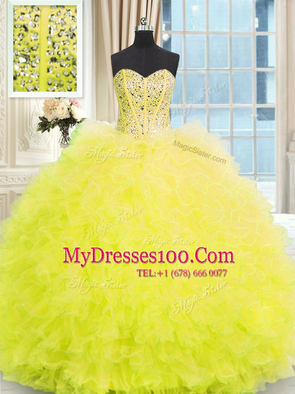 Sleeveless Tulle Floor Length Lace Up Quince Ball Gowns in Light Yellow with Beading and Ruffles