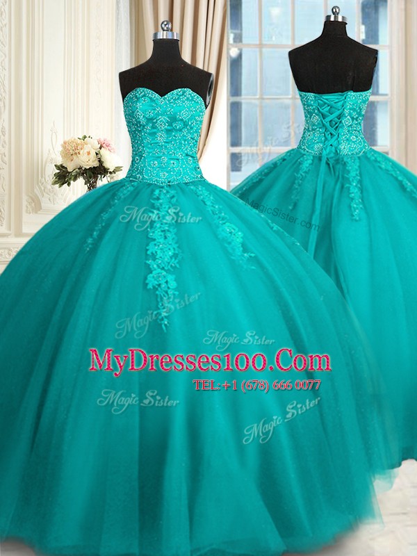 Sleeveless Lace Up Floor Length Appliques and Embroidery Vestidos de Quinceanera