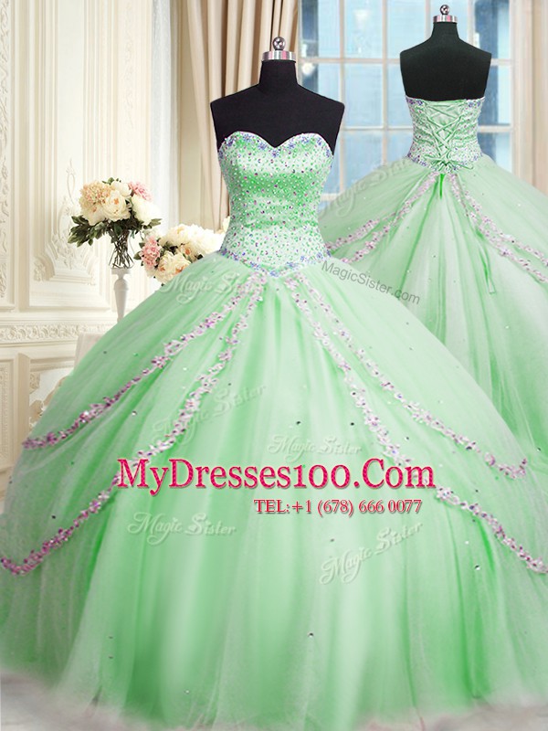 Sweet Tulle Sweetheart Sleeveless Court Train Lace Up Beading and Appliques Quince Ball Gowns in