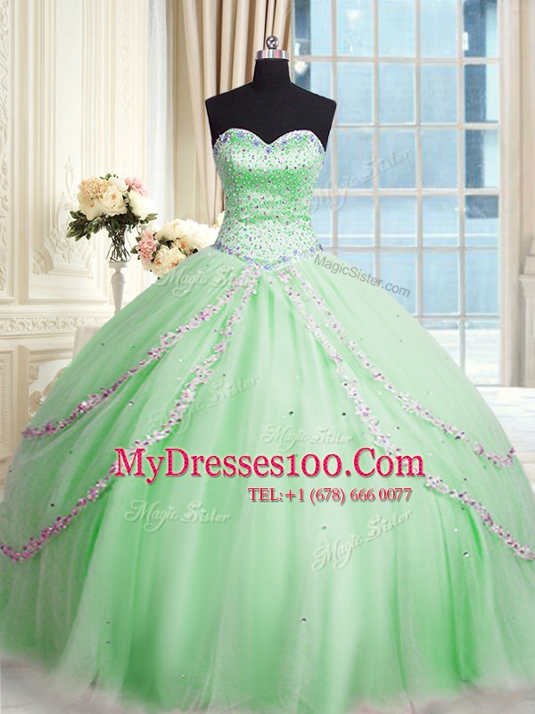 Sweet Tulle Sweetheart Sleeveless Court Train Lace Up Beading and Appliques Quince Ball Gowns in