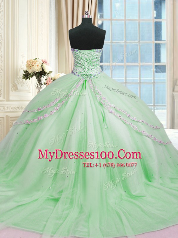 Sweet Tulle Sweetheart Sleeveless Court Train Lace Up Beading and Appliques Quince Ball Gowns in