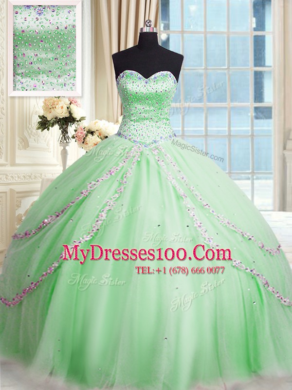 Sweet Tulle Sweetheart Sleeveless Court Train Lace Up Beading and Appliques Quince Ball Gowns in