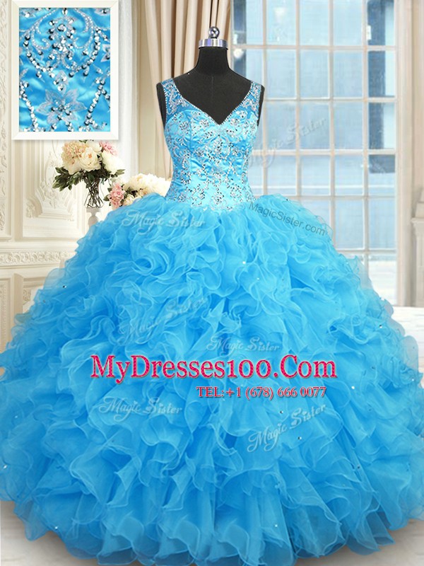 Luxury Organza V-neck Sleeveless Zipper Beading and Ruffles Ball Gown Prom Dress in Blue