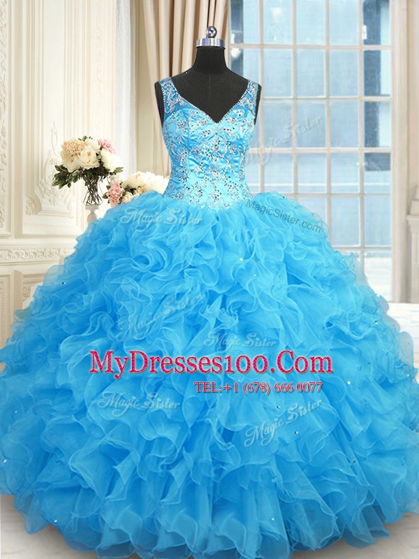Luxury Organza V-neck Sleeveless Zipper Beading and Ruffles Ball Gown Prom Dress in Blue