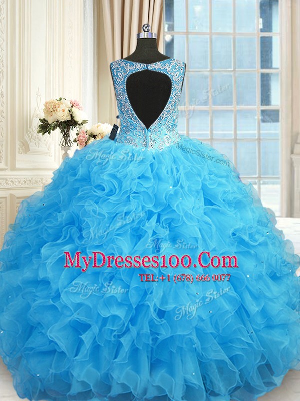 Luxury Organza V-neck Sleeveless Zipper Beading and Ruffles Ball Gown Prom Dress in Blue