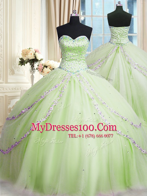 Flare With Train Ball Gowns Sleeveless Yellow Green Quinceanera Gown Court Train Lace Up