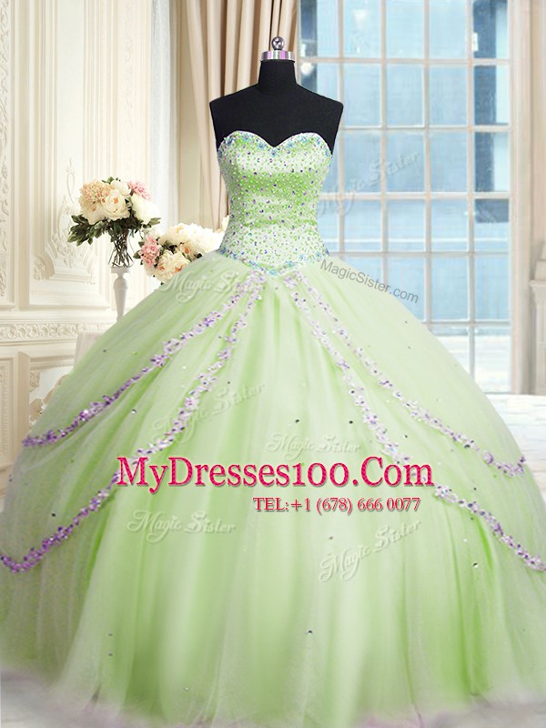 Flare With Train Ball Gowns Sleeveless Yellow Green Quinceanera Gown Court Train Lace Up