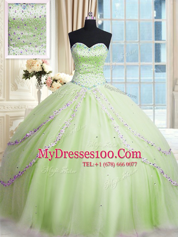 Flare With Train Ball Gowns Sleeveless Yellow Green Quinceanera Gown Court Train Lace Up