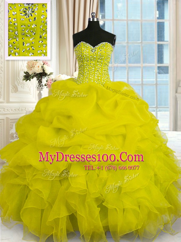 Most Popular Sweetheart Sleeveless Lace Up Quinceanera Dress Yellow Organza